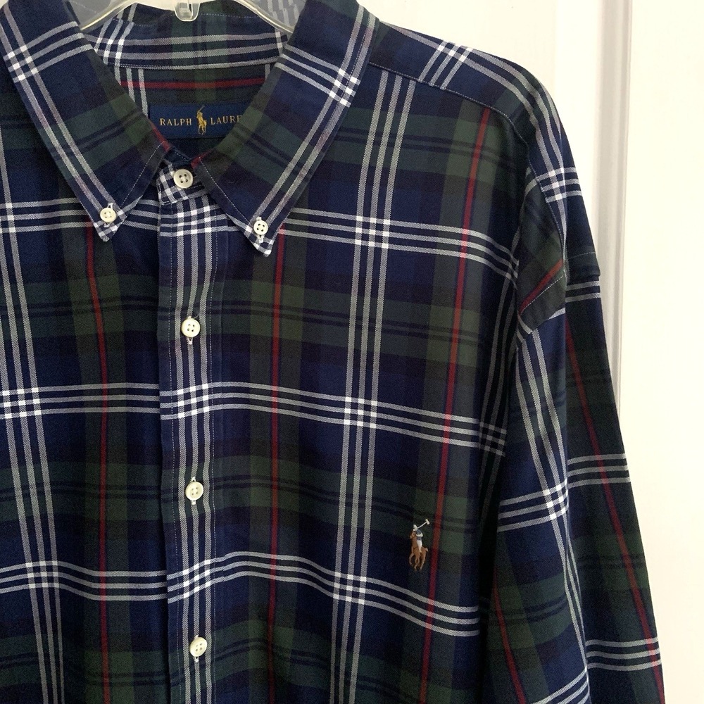 Polo Ralph Lauren Oxford Shirt Blue Green Plaid OCBD Men 3XLT Tall Button Down